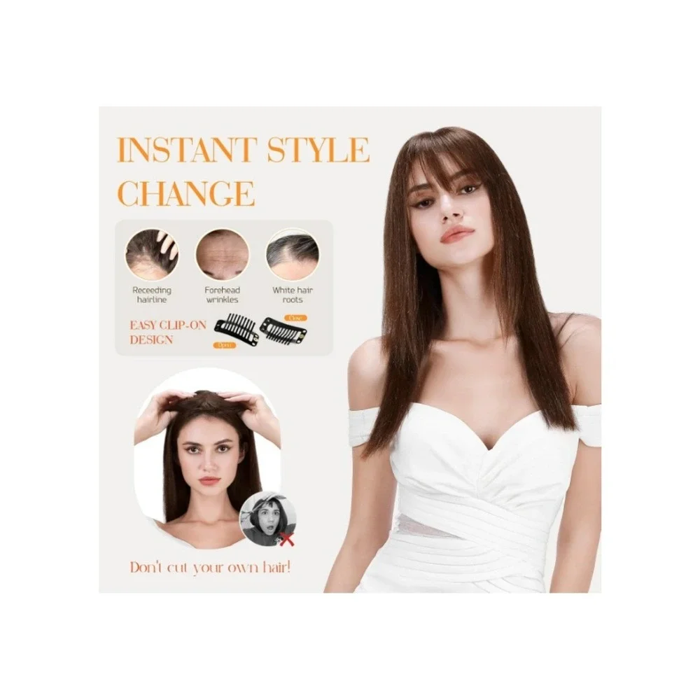 Clip In Bangs Remy Human Hair Topper Medium Brown 360 Wispy Bangs Brunette
